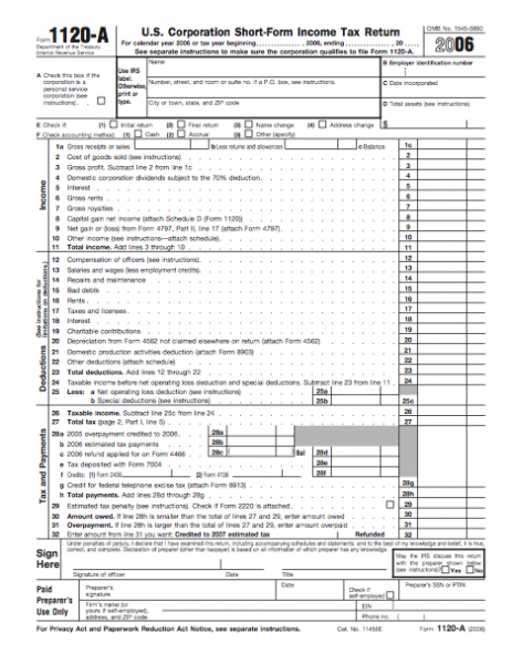 Form 1120-A - U.S. Corporation Short-Form Income Tax Return | Business ...