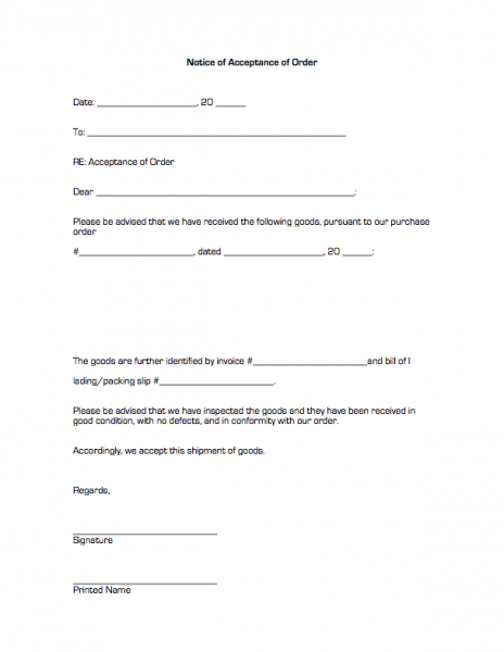 Notice of Acceptance of Order | Business Forms